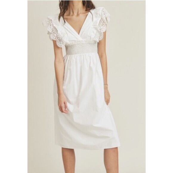 Lush Dresses & Skirts - LUSH Dress White Lace Ruffle Sleeve Midi Summer Ruched Embroidered Milk Maid